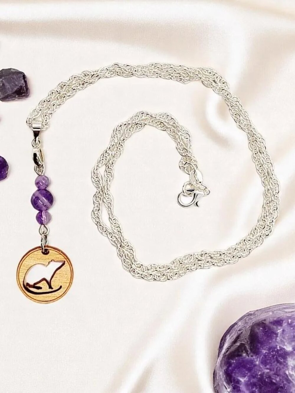 Wood Rat Silhouette & Amethyst Gemstone Pendant on Silver Plated Chain Necklace